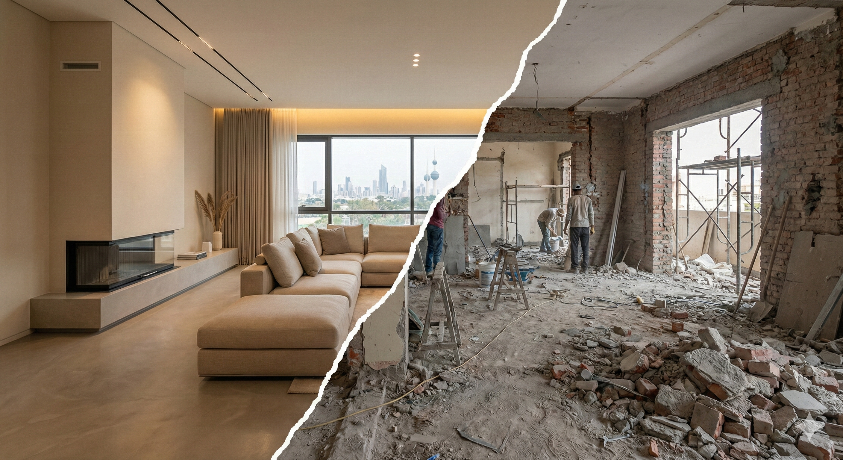 Renovation versus rebuilding comparison showing a modern renovated interior and a demolished construction site in Kuwait